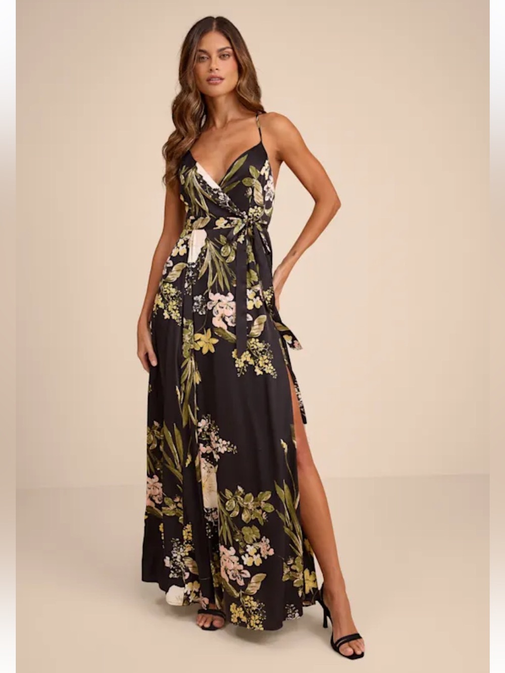 NWT Lulus Still the One Black Floral Print Satin Maxi Dress Size Medium Evening